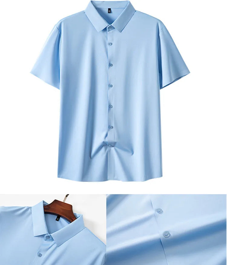 High Quality Summer Business Shirts For Men Short Sleeve Button Wrinkle Free Elasticity Social Black Office Dress Shirts US Size