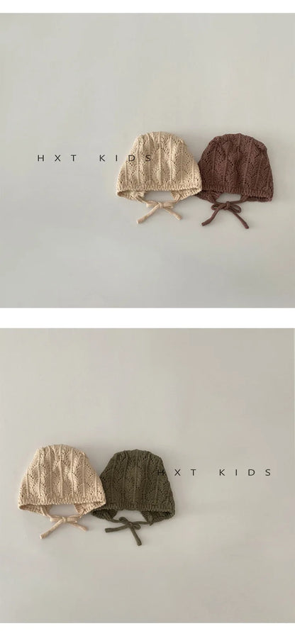 Fashion Retro Hollow Children Knitted Hats Handmade Crochet Flower Girls Parent-child Outdoor Cotton Hat 2024 Autumn Winter Caps