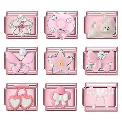 Pink Color Y2K Butterfly Star Bow Rabbit Heart Pendant Italian Charm Links Fit 9mm Stainless Steel Bracelet DIY Making Gifts