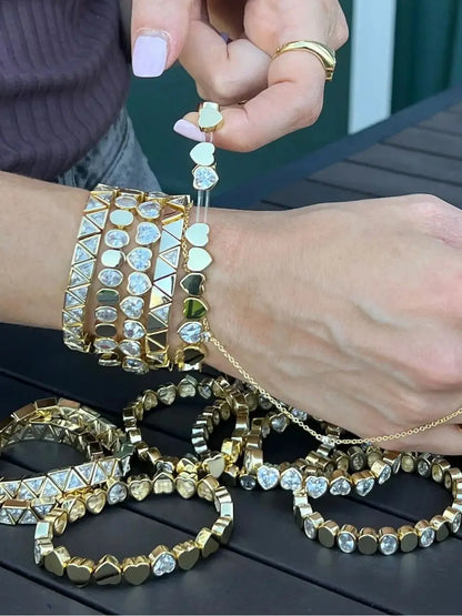 Gold Color Geometric Oval Stretchy Stretch Beaded Tennis Chain Bracelet For Women Fashion Adjusted Jewelry