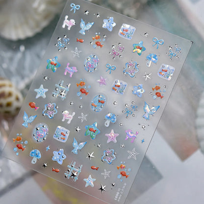 5D Starfish Fish Tail Small Fish Blue Bow Shell Silver Glitter Star Nail Art Stickers Ocean Fantasy Summer Nail Decals Manicure