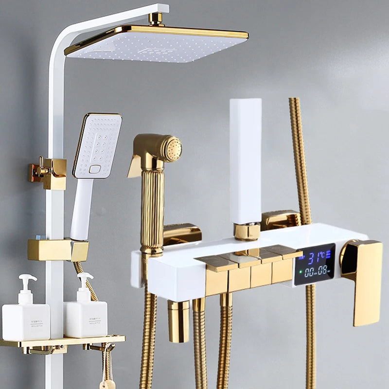 Gold Piano Digital Display Bathroom Shower Set Brass Bathroom Faucet Accessories Thermostatic Digital Bathroom Shower System