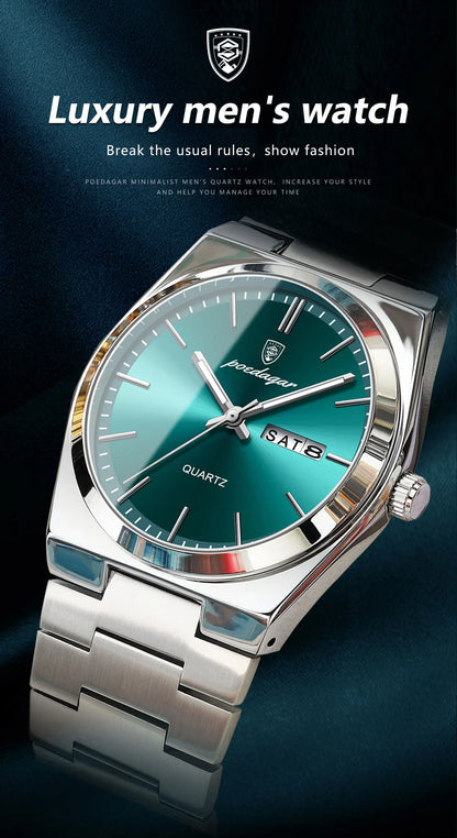 POEDAGAR Luxury Men's Watches Waterproof Luminous Date Week Men Watch Stainless Steel Casual Fashion Quartz Man Wristwatch Reloj