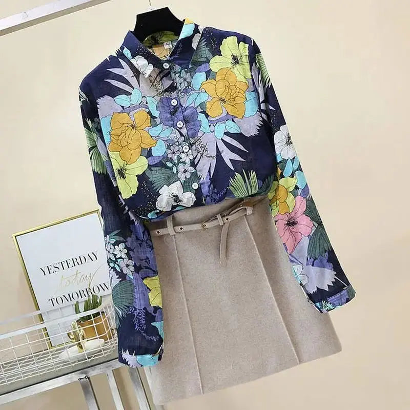 Blue Floral Print Vintage Polo-Neck Single Breasted Long Sleeve Women's Blouse Shirt Casual Female Clothing Tops Fashion 2024