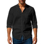 Cotton Linen Shirt for Men Henley Neck Solid Color Lightweight Breathable Slim Fit Single Breasted Shirt Long Sleeve Button Up