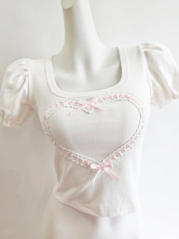 Cute T-Shirts Women Summer Lace Trim Square Collar Puff Sleeve Bows Decoration Love Shape Cotton Tees Tops for Kawaii Girls