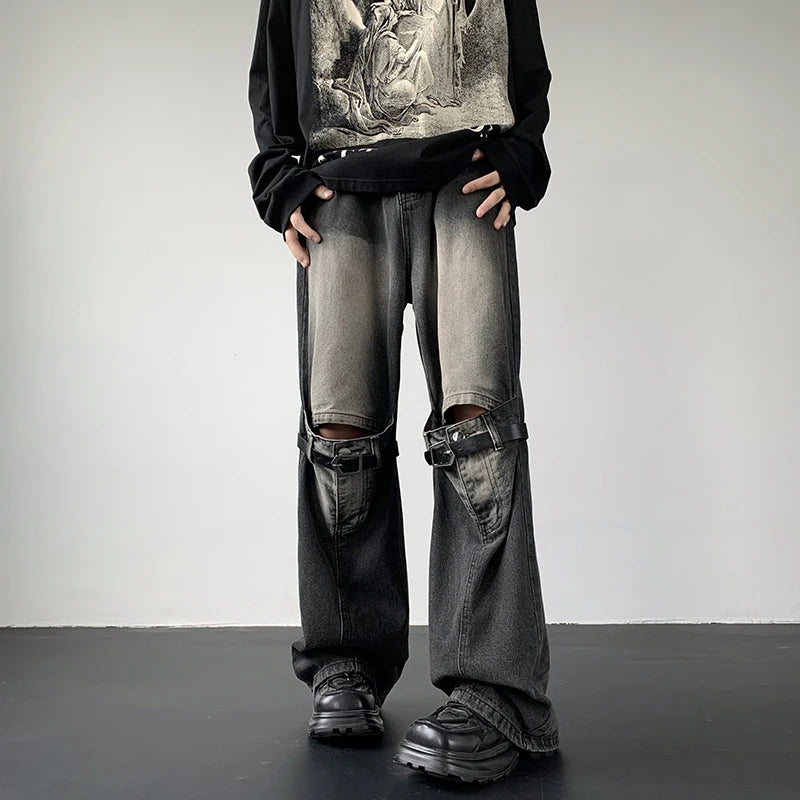Men's Jeans Retro Trousers Knee Holes Splicing High Street Loose Denim Trousers Flared Jeans Straps Cowboy Casual Long Pants