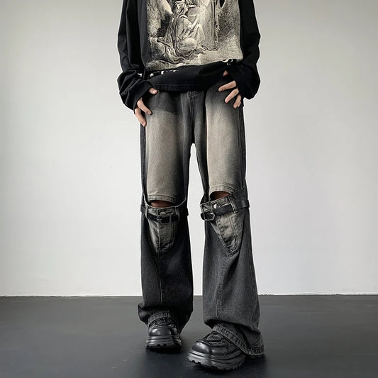 Men's Jeans Retro Trousers Knee Holes Splicing High Street Loose Denim Trousers Flared Jeans Straps Cowboy Casual Long Pants