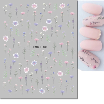 3d Nail Art Decals Watercolor Florals Purple Green Pink Flowers Leafs Fruit Adhesive Sliders Nail Stickers For Manicure