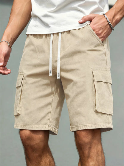 2026 Men's loose linen straight-leg pants, casual multi-pocket work shorts, high-end men's shorts, drawstring daily work shorts