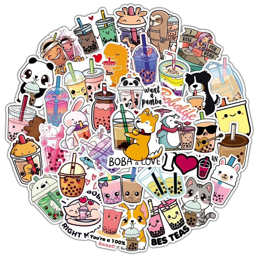 50PCS Cute Cartoon Pearl Milk Tea Stickers Pack For Stationery Luggage Laptop Decal Kids Gift