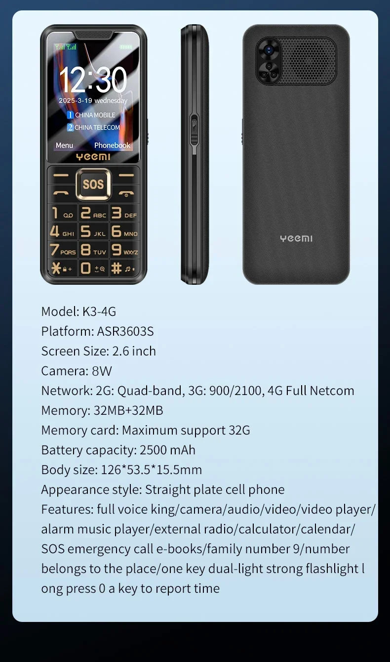 YEEMI K3 4G Feature Keypad Phone 2.6 Inch Dual SlM Big Button Loud Volume for Elderly 2500mAh FM Radio Hebrew Keyboard SOS Video