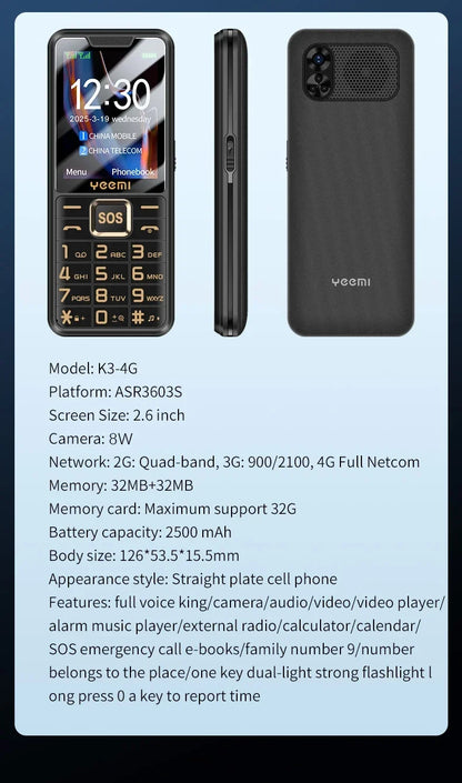 YEEMI K3 4G Feature Keypad Phone 2.6 Inch Dual SlM Big Button Loud Volume for Elderly 2500mAh FM Radio Hebrew Keyboard SOS Video