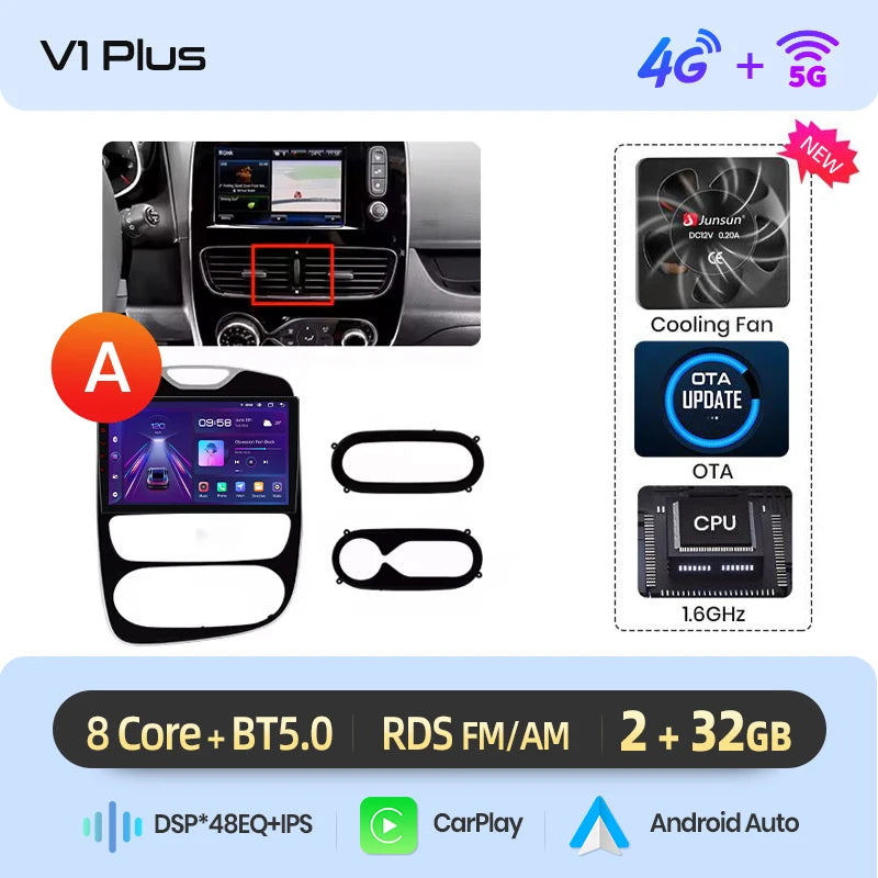 Junsun Wireless CarPlay Android Auto Car Radio for Renault Clio 4 2012- 2017 2 DIN Multimedia Stereo with Built-in Cooling Fan GPS Navigation SWC Bluetooth FM RDS DSP IPS Screen Car Intelligent Systems 4G WiFi 8 Core