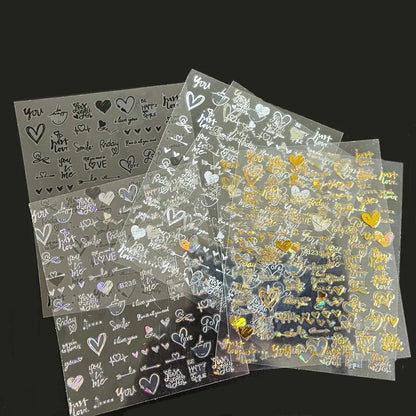 6Pcs/Pack Laser Gold Silver 3D Nail Art Stickers Love Heart Letter Image Nail Decoration Ins Style Sticker DIY Foils Accessories
