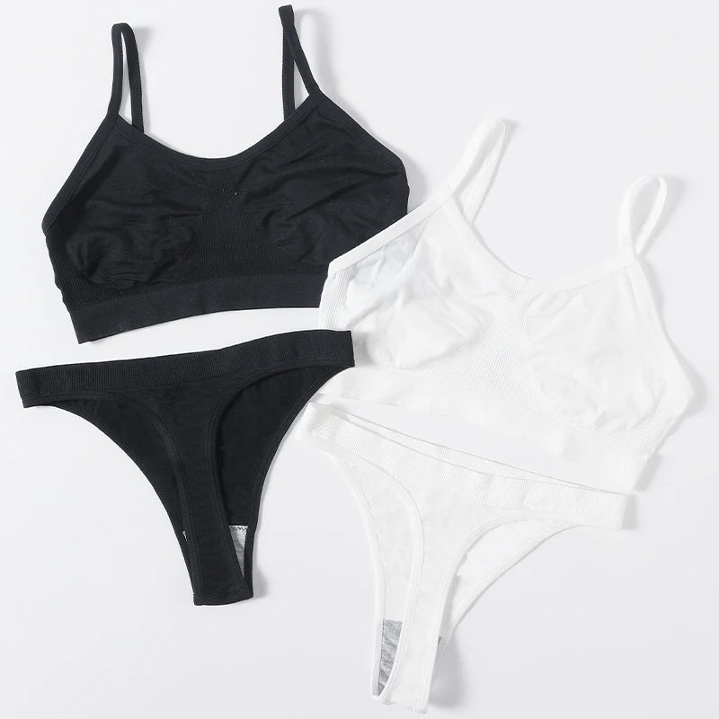 Women Seamless Bra And Panties Set Wire Free Bralette High Leg Cut Thongs Comfort Ribbed Unlined Underwear Sexy Lingerie Set