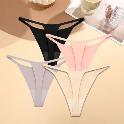 4PCS/Set Silk Seamless Thongs for Women Sexy Low Rise Panties Female Ultra Thin Breathable Underwear G-String T-Back Underpants