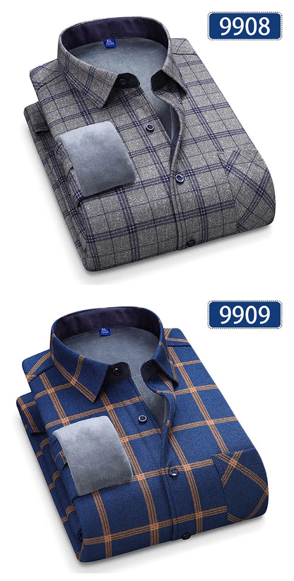 Autumn Winter Thicken Fleece Shirts For Men Business Plaid Shirt Long Sleeve Warm Clothes Male Single Pocket Classic Check Shirt