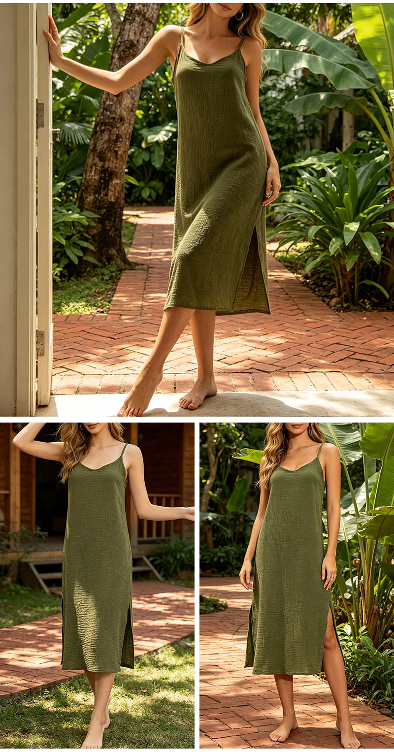 Casual Muslin 100% Cotton Gauze Dresse Summer Women's Loose Sleeveless Backless Streetwear Female Chic Dress Vestidos Long Robe
