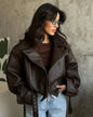 Retro Brown Lace Up Lapel Leather Jacket Women Fashion Zipper Pocket Full Sleeve Short Coat 2025 New Autumn High Street Outwears