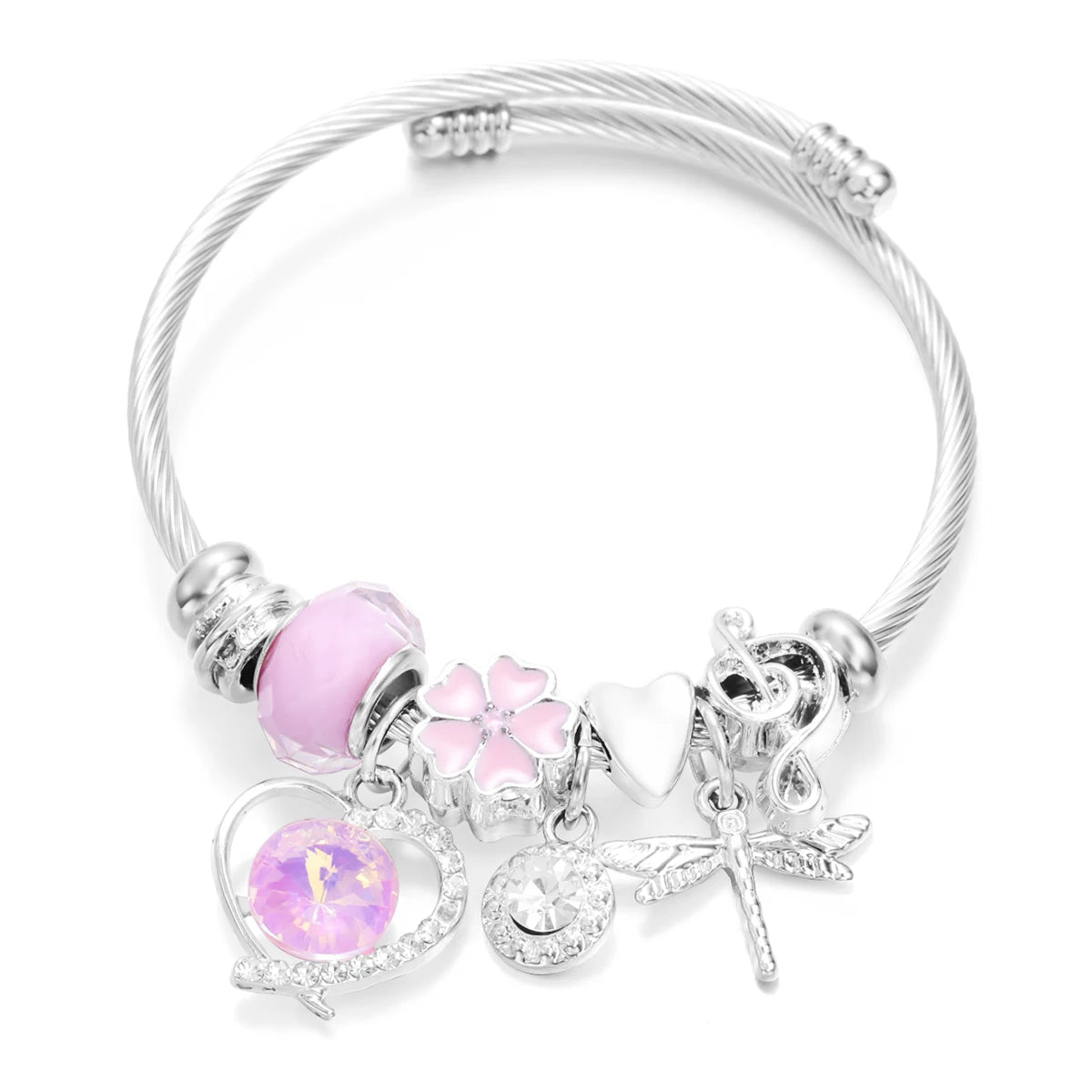 New Trendy Rhinestones Dragonfly Crystal Beaded Pendant Bracelet Stainless Steel 4 Colors Closure Bangles Women Bracelet Jewelry