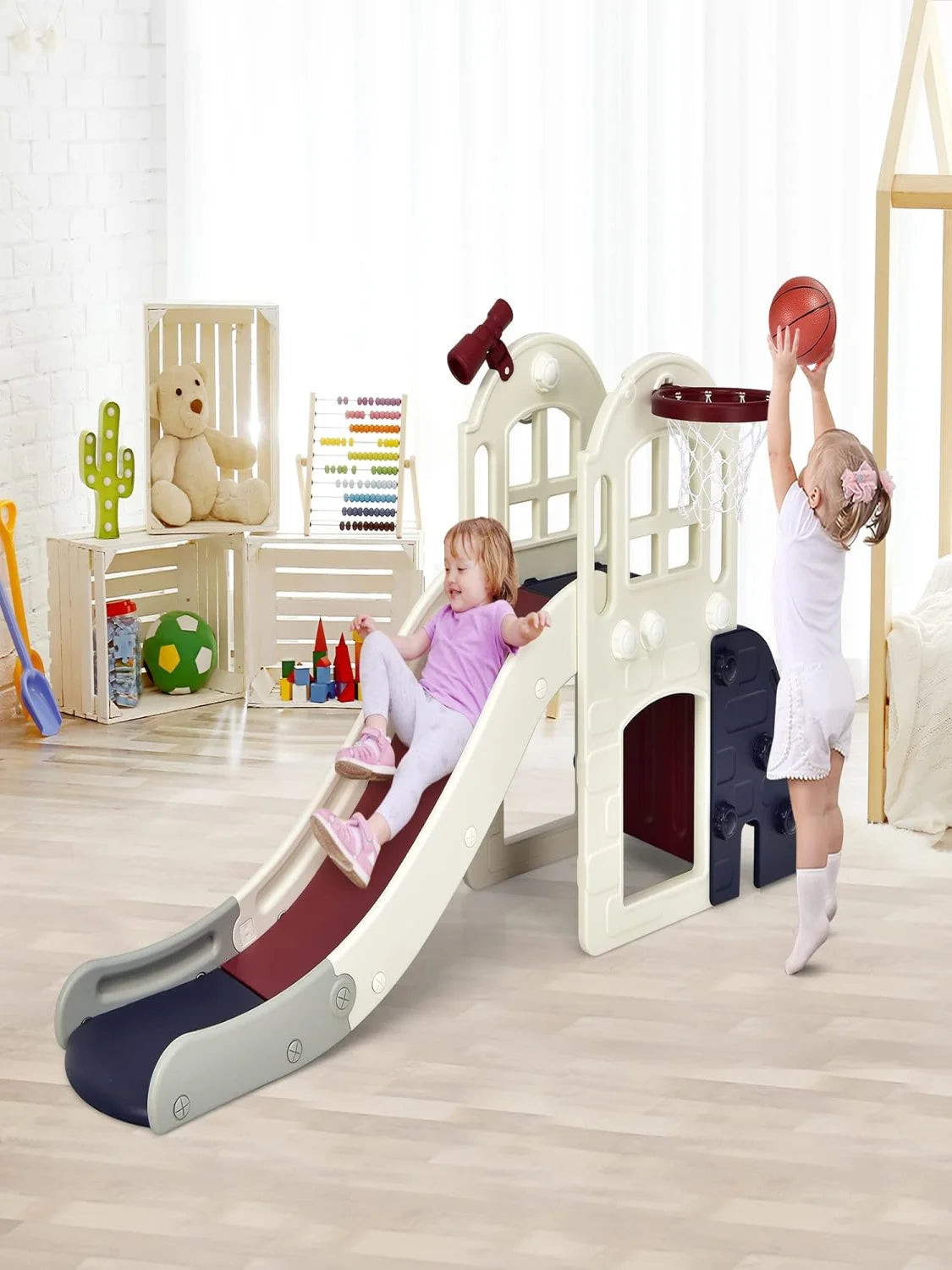 Children's Slide,6-in-1 Children's Slide&Ladder&Basketball Hoop&Throw Ring&Telescopic&Tunnel,Children's Playground