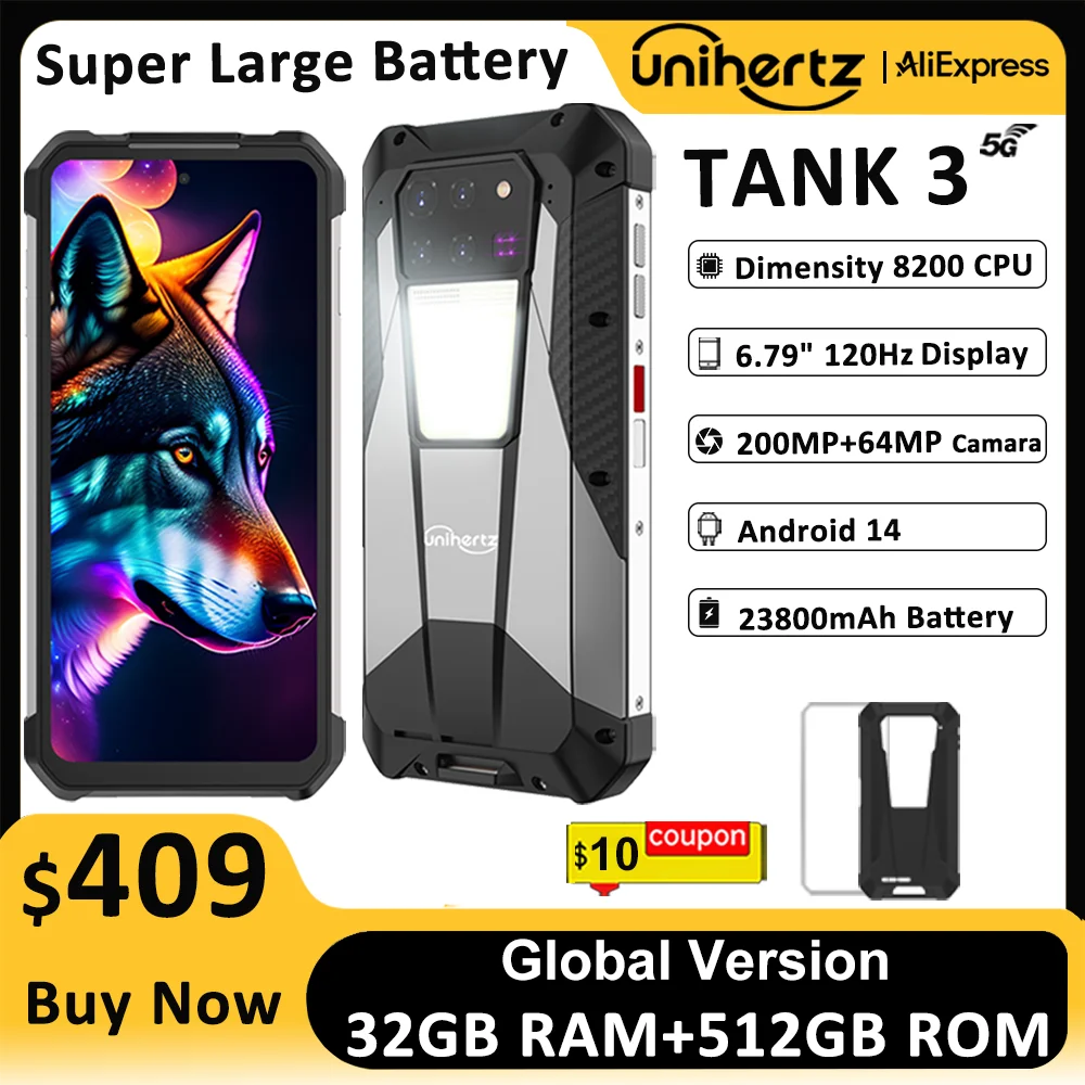US AU EU Stock Unihertz 8849 Tank 3 Rugged 5G Smartphone 32GB 512GB 23800mAh 120W Charger Dimensity 8200 200MP 120Hz Cell Phone