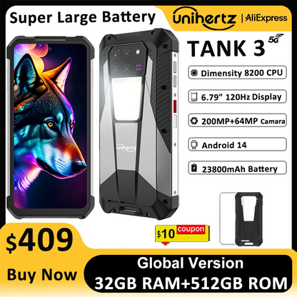 US AU EU Stock Unihertz 8849 Tank 3 Rugged 5G Smartphone 32GB 512GB 23800mAh 120W Charger Dimensity 8200 200MP 120Hz Cell Phone