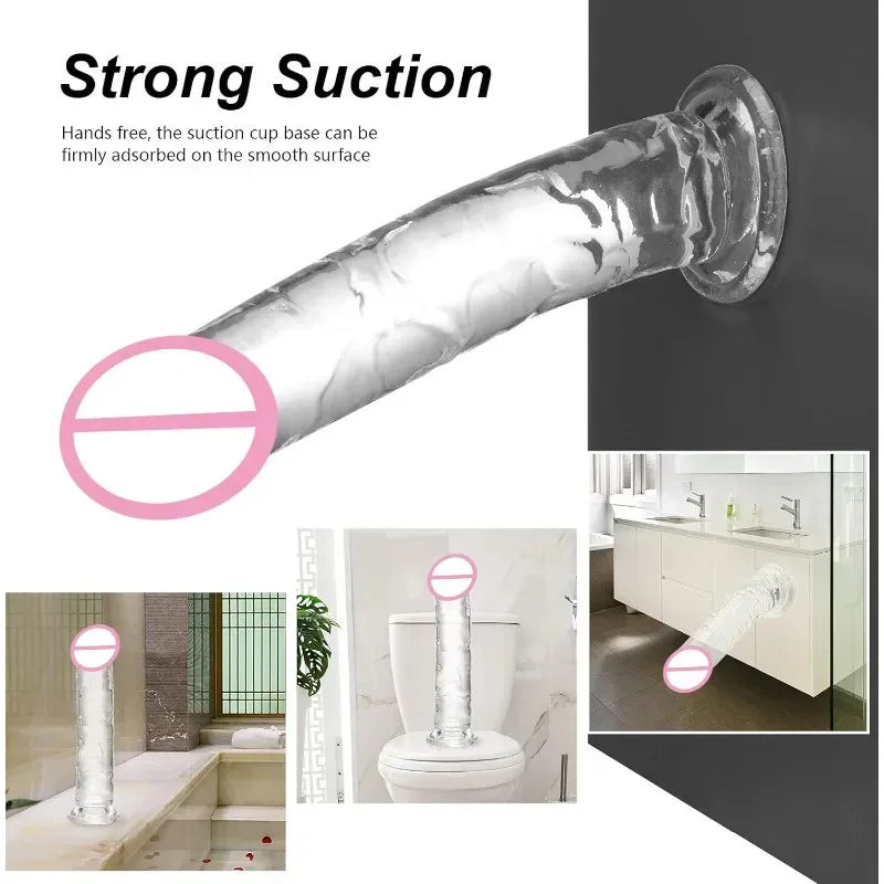 Realistic Soft Jelly Dildo Transparent Suction Cup Strong Grip Flexible Intimate Toy for Women Solo Couple Play