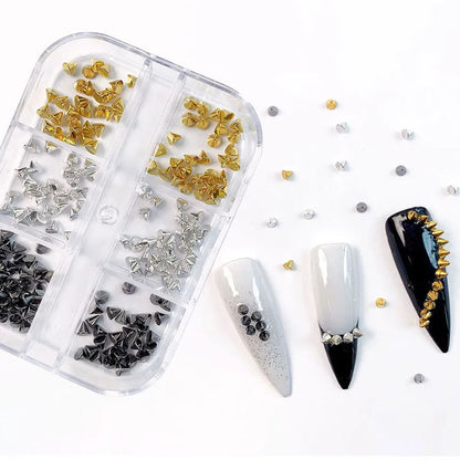 6Grids 3D Mini Punk Metal Rivet Nail Art Charms 1.5/2/3mm Gold Silver Cone Spike Studs Nails Jewels DIY Manicure Decorations ZB