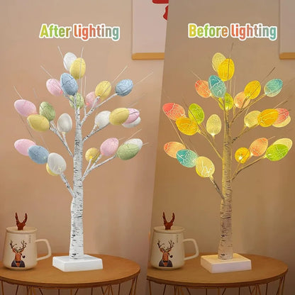 60cm Easter Brich Tree Lamp 40LED Easter Eggs Ornaments Hanging Easter Decorations for Home Spring Festival Party Table Decor