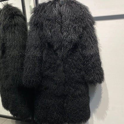 Mongolia Sheep Fur New Brand Real Fur Long Genuine Fur Coat Mongolia Sheep Fur Long Sleeves Women's Warm Jacket