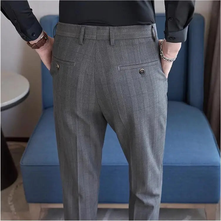 Men Plaid Wedding Dress Trousers High Quality Male Boutique Formal Wear Slim Suits Pants Men British Style Business Suit Pants