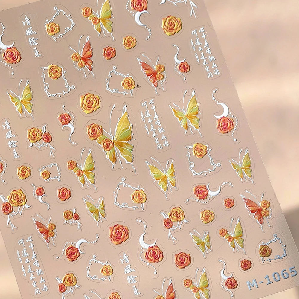 Shiny Jelly Butterfly Charming Golden Gradient Bowknot 5D Self Adhesive Nail Art Sticker Flower Petal Rhinestone Manicure Decals