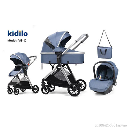 3-in-1 baby stroller, high landscape stroller, equipped with car seat, mom bag, one click folding, can sit and lie down