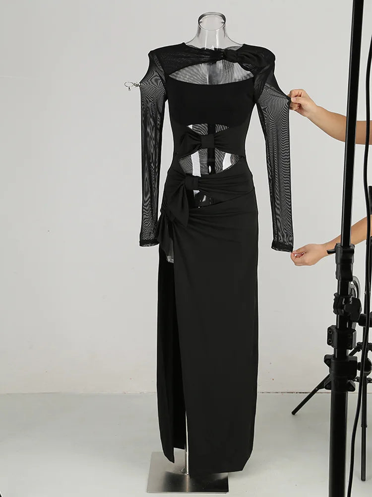 Sexy Hollow Out High Side Split See Through Mesh Long Sleeve Maxi Dress Luxury Brithday Prom Gown Party Club Fashion Dresses