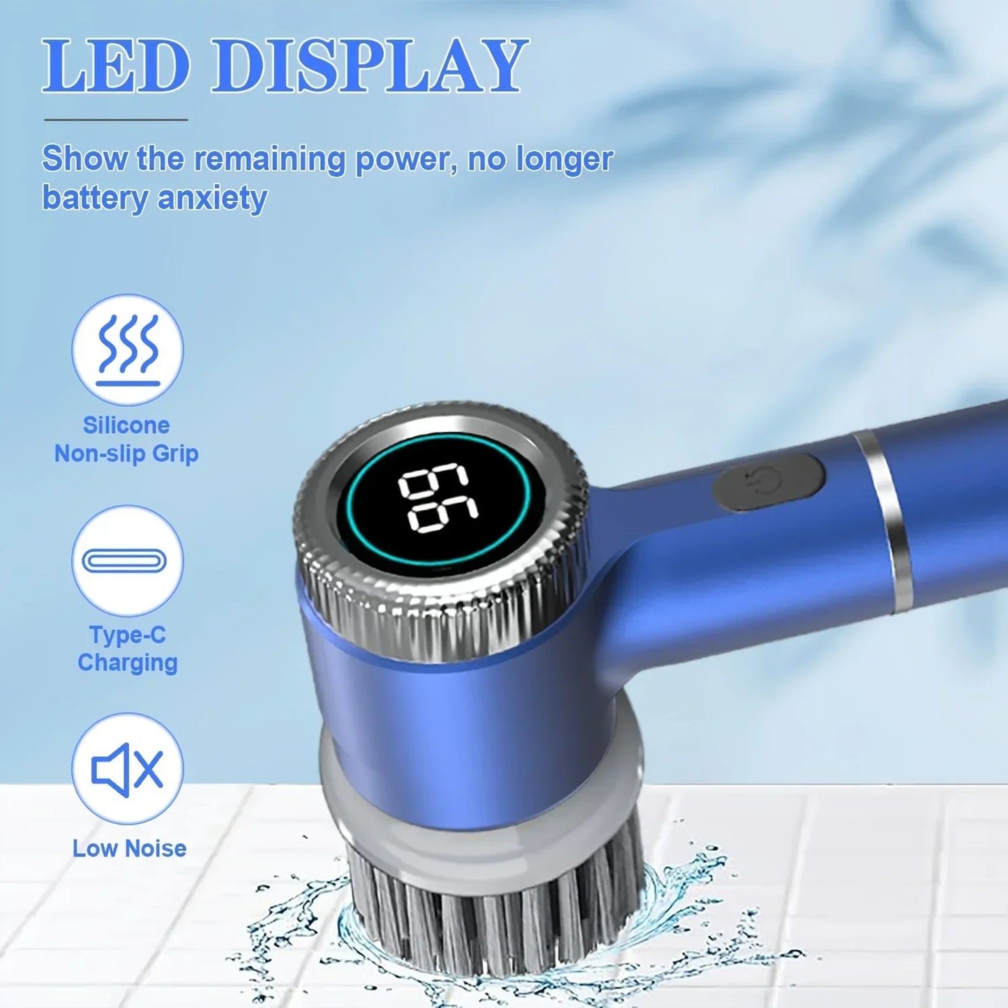 2026 Electric Cleaning Brush LED Display With 5 Replaceable Brush Heads 3-speed Adjustable Cleaning Tool For Kitchen Bathroom