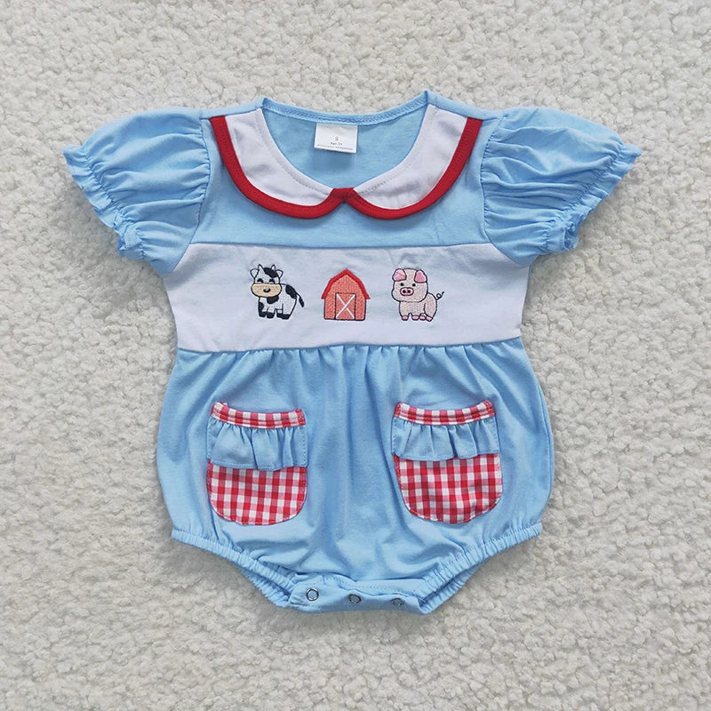 Wholesale Baby Girl Newborn Birthday Balloons Romper Bubble Embroidery Pink Plaid Bows Jumpsuit Kids Toddler Summer Clothes