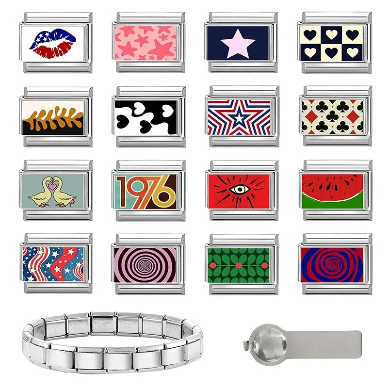 2026 Women Colored Star 1976 Eyes Heart Swan Watermelon Charms Italian Links Fit 9mm Bracelet Stainless Steel DIY Making Jewelry