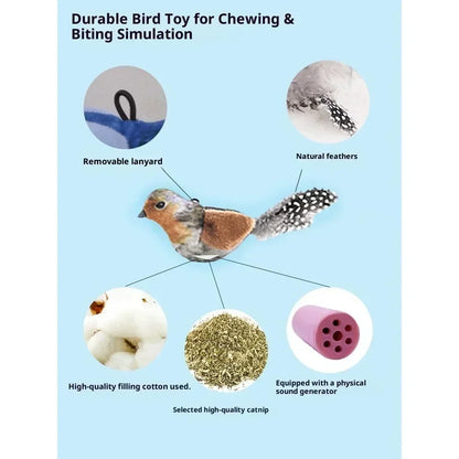Bird Sound Cat Toy Brown Green Blue Color Options and Combination Set Plush Feather Hanging Teaser for Indoor Cats Chasing Play