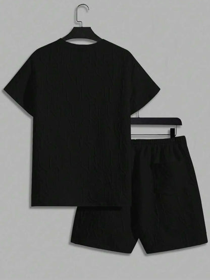 Men's Textured Letter Patched Round Neck Tee & Drawstring Shorts Two-Piece Set Regular Fit Casual Short Sleeve T shirt & Shorts