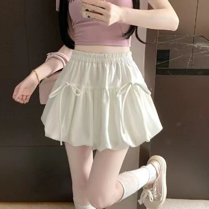 Zjaiss 2026 Summer Ballet Style Bow A-Line Women's Mini Skirts High Elastic Waist Tie Pleated Bud Balloon Skirt