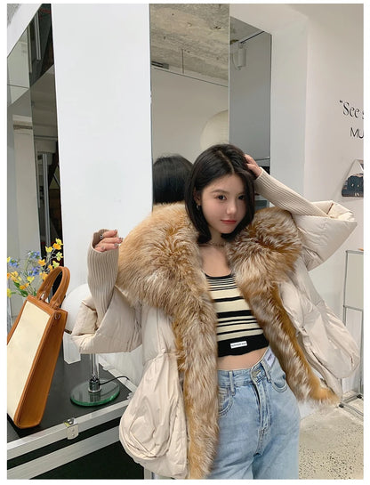 Oversized Winter Warm Real Fox Fur Collar Black Down Coat Women Puffer Outerwear Jackets 2024 Autumn Winter