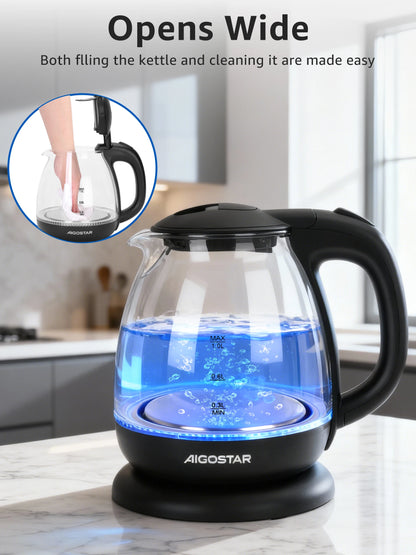 Aigostar Elfin Mini Borosilicate Glass Kettle with LED Lighting, 2200 W, 1 L Capacity, BPA-Free, Fast Boiling, Vacuum Protection