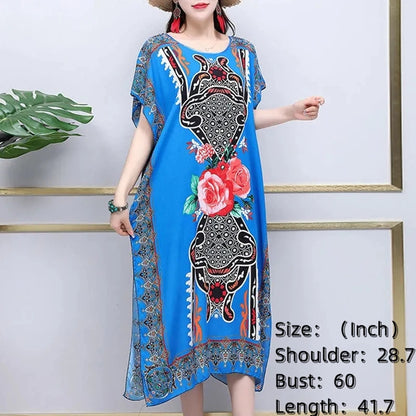 Casual Elegant Bohemian Printed Ethnic Style Retro Floral Woman Summer Street Wear Batwing Sleeve Loose Tunic Maternity Dress