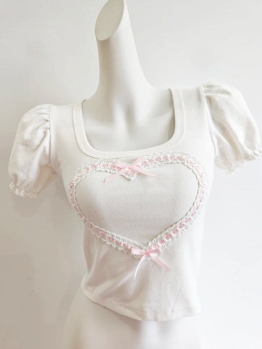 Cute T-Shirts Women Summer Lace Trim Square Collar Puff Sleeve Bows Decoration Love Shape Cotton Tees Tops for Kawaii Girls