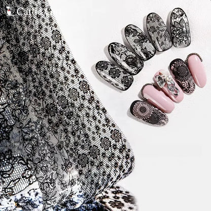 Black  White Lace Rose Nails Foil Stickers Black  Flowers Design Manicure Nail Art Transfer Paper Nails Art Decals
