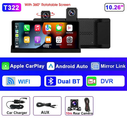 Srnubi 10.26 inch 4K ADAS Car DVR with 360° Rotation Dash Cam Wireless Carplay Android Auto Mirror Link BT WIFI AUX FM Dashboard