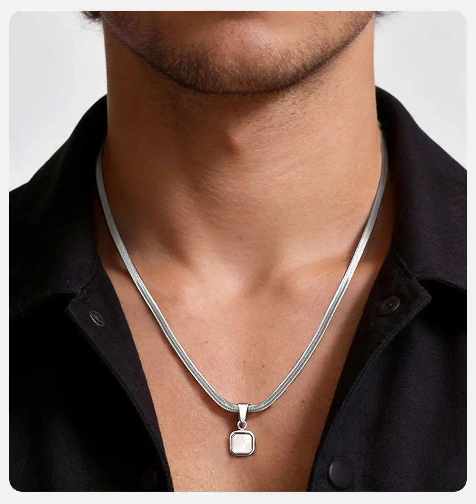Vnox Geometric Square Natural Stone Pendant Necklace for Men, Gold Silver Color Stainless Steel Blade Chain, Trendy Jewelry Gift