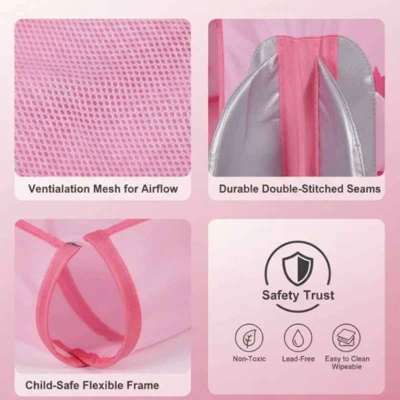 Pink Kids Tent with Tunnel & Ball Pit, Princess Play Tent for Girls, Indoor Outdoor Baby Ball Pit Playhouse with Basketball Hoop